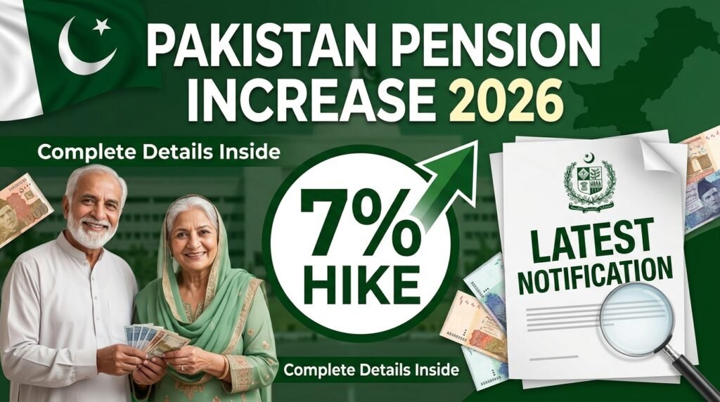 Infographic banner for Pakistan Pension Increase 2026 displaying a 7 percent hike badge, official government notification document, Pakistani currency notes, and an elderly retired Pakistani couple smiling.